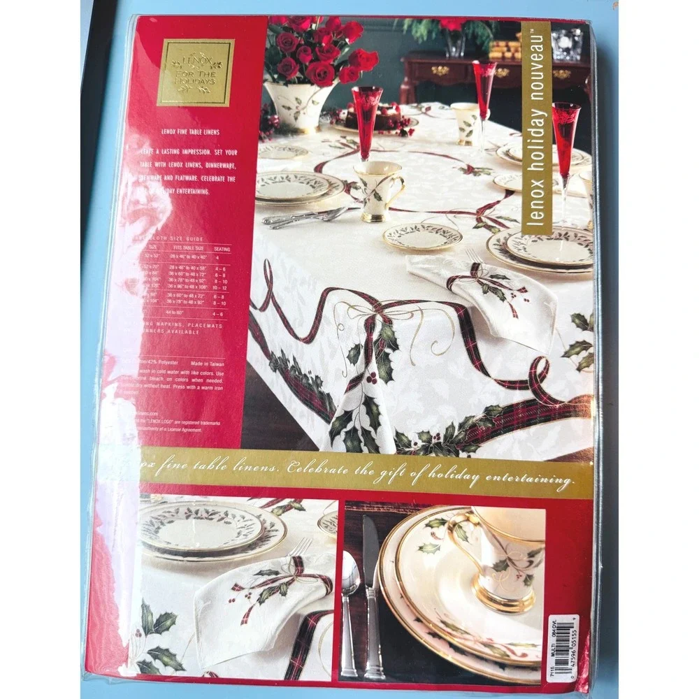 Lenox Holiday Nouveau Tablecloth White Ivory Oval 60x84 Holly Berry Plaid Ribbon